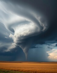 Dark, swirling funnel cloud descending from ominous storm clouds over flat, golden plains, rural, field