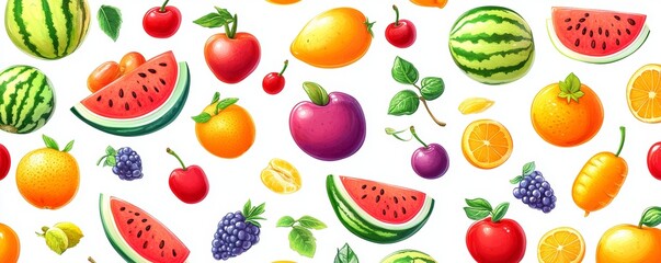 A colorful design featuring watermelon, cherries, and citrus on a white background, reminiscent of a vibrant summer