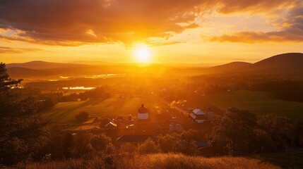 Obraz premium Serene sunset over a tranquil village nestled in lush hills, casting warm golden hues