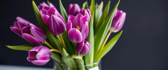 Obraz premium A vibrant bouquet of purple tulips arranged in a clear glass vase, botanical, arrangement