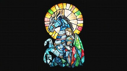 Stained Glass Art of a Knight with Horse in Vivid Colors