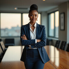 From the image photo with confident energy shows leadership and professionalism – a Black woman standing at the head of a conference table in modern office