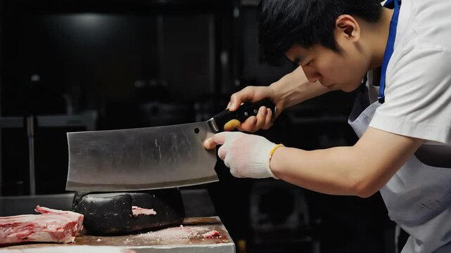 Chef cuts prime beef using cleaver in professional kitchen setting