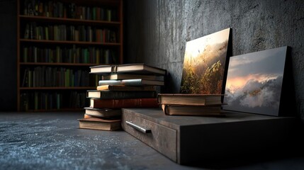 Naklejka premium Books, art prints, library interior, stacked volumes, dark room