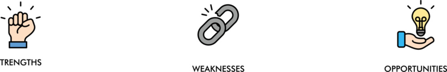Obraz premium SWOT banner web icon vector illustration concept for strengths, weaknesses, threats, and opportunities analysis with an icon of value, goal, break chain, low battery, growth, check, minus, and crisis