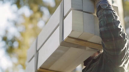 Construction worker lifting materials onto scaffolding for building project. Featuring building materials handling
