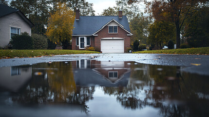 Fototapeta premium suburban house with reflection in rain puddle on cloudy day