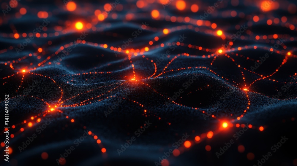 Poster abstract dark blue wavy surface with glowing orange dots and lines. good for technology, science, or