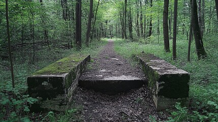 Quiet forest path disturbed by artillery scars and ruins
