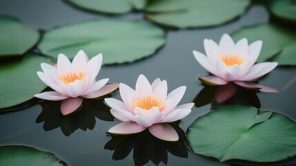 Tranquil water lilies floating gracefully on a serene pond surrounded by lush greenery