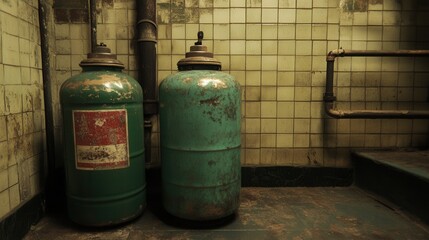 Two vintage green gas tanks in a dimly lit, abandoned industrial space with tiled walls