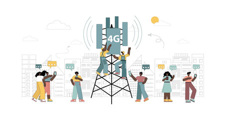 4g technologies. New generation mobile networks. Workers on the tower are installing high-speed mobile Internet