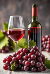 Obraz premium A bottle and glass of red wine with fresh grapes, red grapes, still life