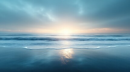 smooth ocean water, serene sunset, reflected horizon, dramatic clouds, peaceful, tranquil atmosphere, ethereal lighting, cinematic landscape
Sunrise over the sea.