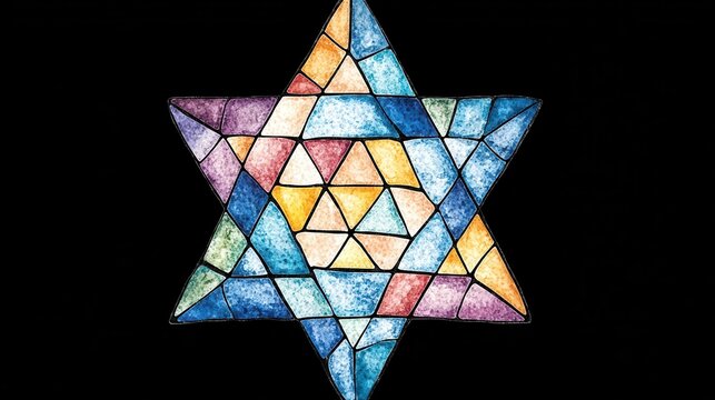 Colorful Stained Glass Star of David Design on Black Background