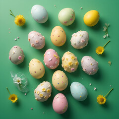 Pastel Easter Bunny Ears and Decorated Eggs on Mint Green Background