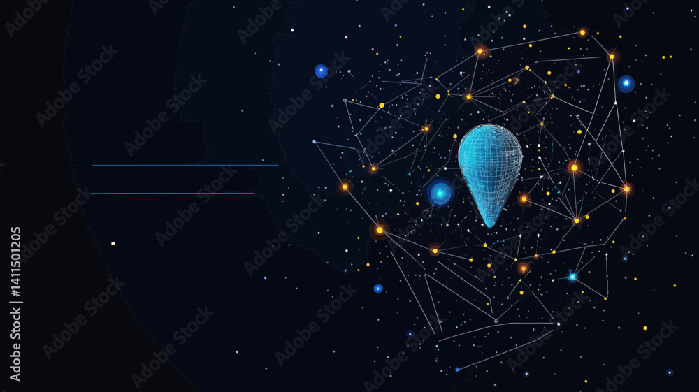 Poster abstract wireframe space concept with starry sky and pin shape, vector svg universe with points and 