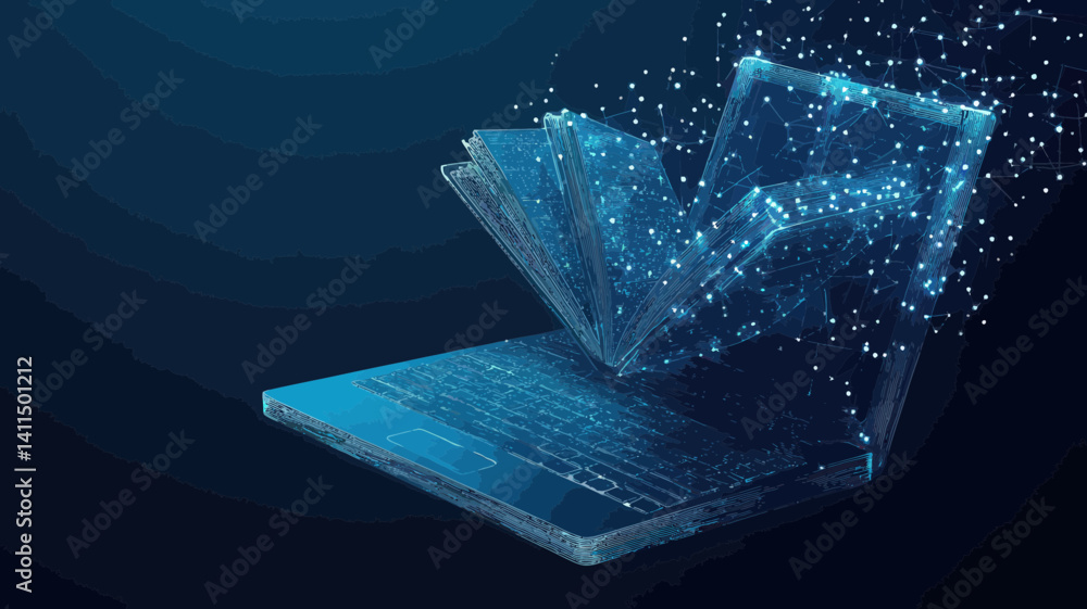 Poster digital learning concept: low poly laptop and open book vector illustration representing online educ