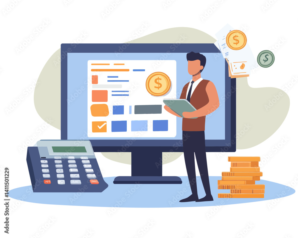 Poster online payroll system concept - businessman calculating employee salaries with computer, automatic p