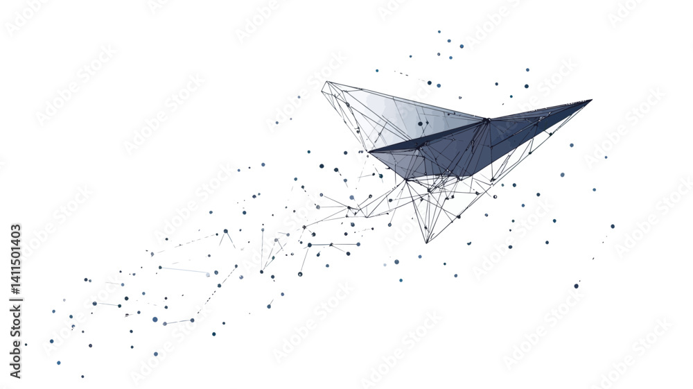 Poster abstract origami aircraft formed by connected nodes and lines on starry background representing inno
