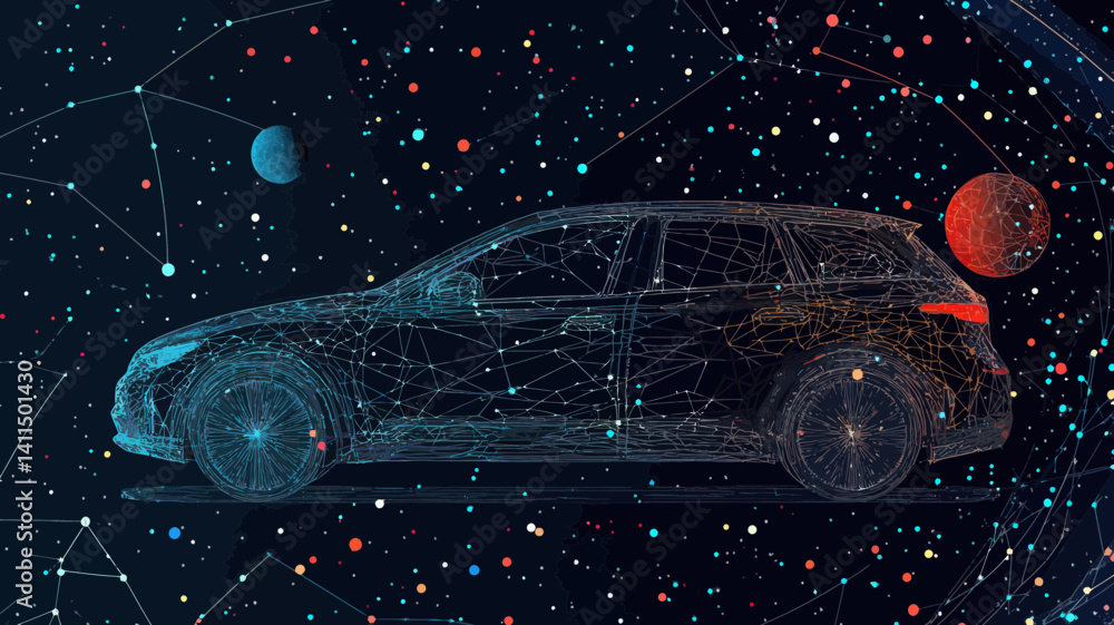 Poster futuristic auto in starry universe abstract vector art depicting planets and constellations for mode