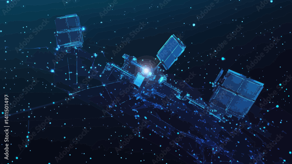 Aufkleber polygonal satellite network vector art - advanced 3d communication technology concept with wireframe