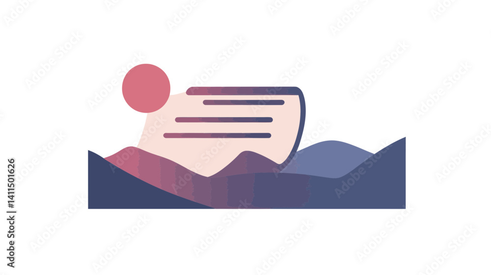 Poster minimalist vector art of mountain landscape with rising sun and abstract script elements for modern 