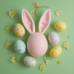 Pastel Easter Bunny Ears and Decorated Eggs on Mint Green Background