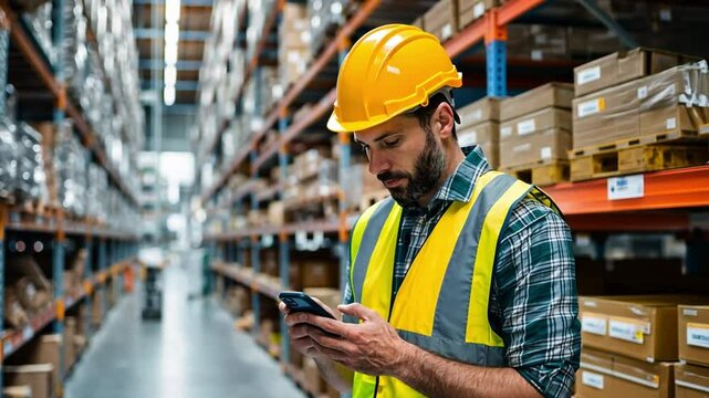 Warehouse Efficiency: An industrial worker meticulously inspects inventory, utilizing a mobile device amidst a bustling warehouse environment, embodying precision and modern logistics.