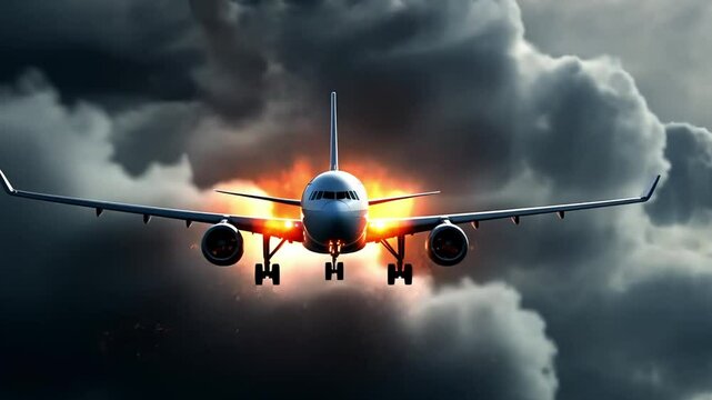 Aircraft Catastrophe: A passenger aircraft engulfed in flames, set against a backdrop of turbulent, dark clouds, evokes a sense of disaster and urgency.