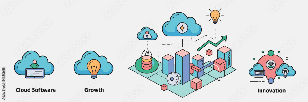 Poster vector illustration of cloud software icons for tech startup and saas innovation