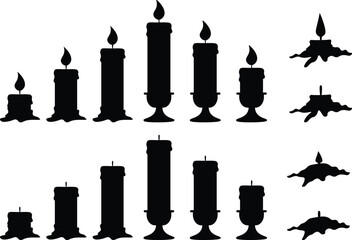 Silhouette Collection of Lit and Unlit Candles in Various Shapes.