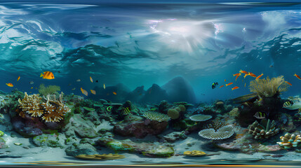 Fototapeta premium Underwater scene with coral reef and fishes, scuba diver and coral, coral reef and fishes. Underwater view of the sea, underwater scene with bubbles and waves. Sea bottom, Olympic pool underwater