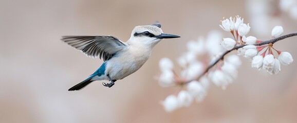 Flying bird amidst spring blossoms