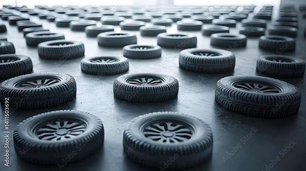 Leinwandbilder a large assortment of black automotive tires arranged in a staggered organized pattern on a plain ba