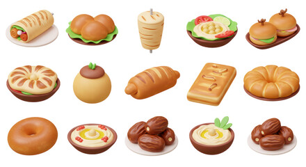 Assorted 3D Rendered Food Items Breads, Pastries, and Dishes
