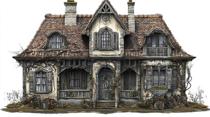 Aged, rustic house with overgrown vines and weathered facade on white background