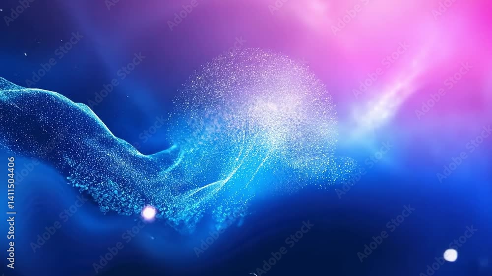 Poster vibrant abstract background with glowing particles in blue and pink, creating depth and movement, ev
