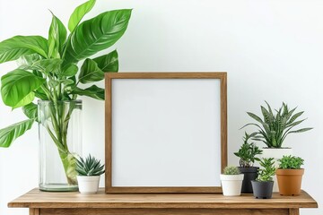 Indoor Scene Plants and a Wooden Frame on a Wooden Table
