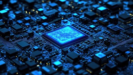 Illuminated Circuit Board Chip Surrounded by Complex Electronic Components in a High-Tech Environment