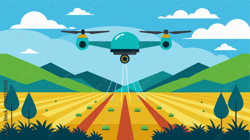 Poster autonomous irrigation drones fly over fields using thermal imaging to identify dry areas and deliver