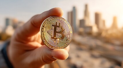 Close up of a Hand Holding a Gold Bitcoin Cryptocurrency Against a Cityscape Background