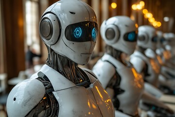 Row of humanoid robots with glowing eyes.