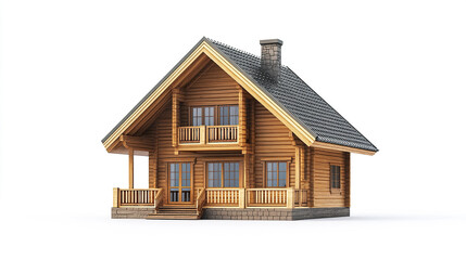 charming wooden house with porch and chimney on white background