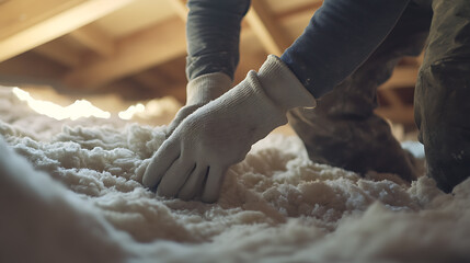 Construction worker placing insulation in an attic. Featuring insulation installation and energy efficiency