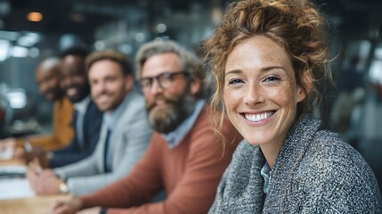 Obraz premium Confident Freckled Woman Smiling with Diverse Team Colleagues in Modern Office