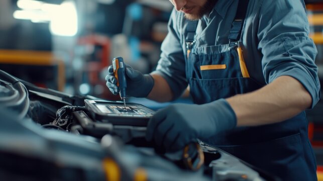 A mechanic diagnosing a car problem with a diagnostic tool. Featuring technical skills and focus