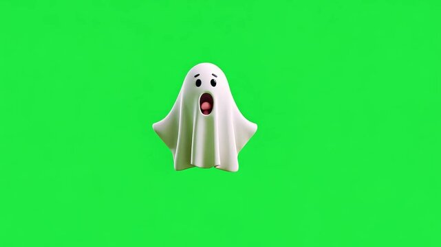 Screaming Ghost on Green Screen: A cute, cartoonish ghost with a surprised expression floats against a vibrant green screen, perfect for Halloween or spooky projects.