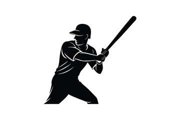 Silhouette drawing of a baseball player swinging a bat and wearing a cap and uniform.eps