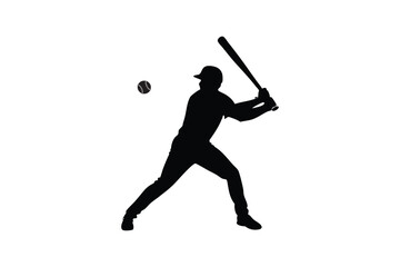 Silhouette drawing of a baseball player swinging a bat with full force.eps